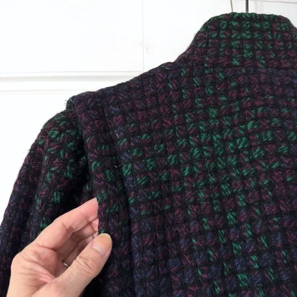 Vintage Tweed Peacoat Womens 10 Purple Green Wool 90s Classic Double Breasted - Picture 12 of 15